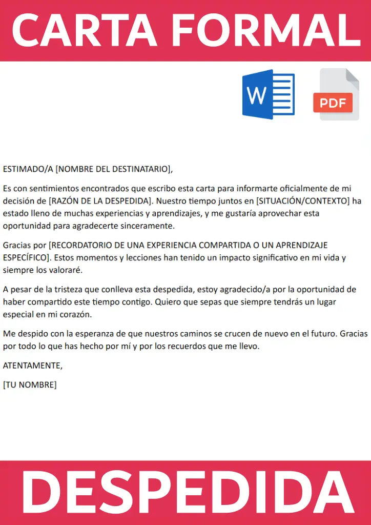 Imagen de un ejemplo de carta formal de despedida para descargar en nuestra web en formato Word o PDF
