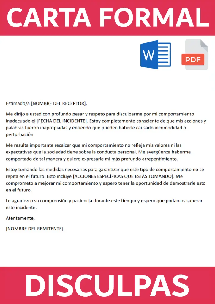 Imagen con un ejemplo de una carta formal de disculpas en formato Word y PDF para descargar en nuestra página web
