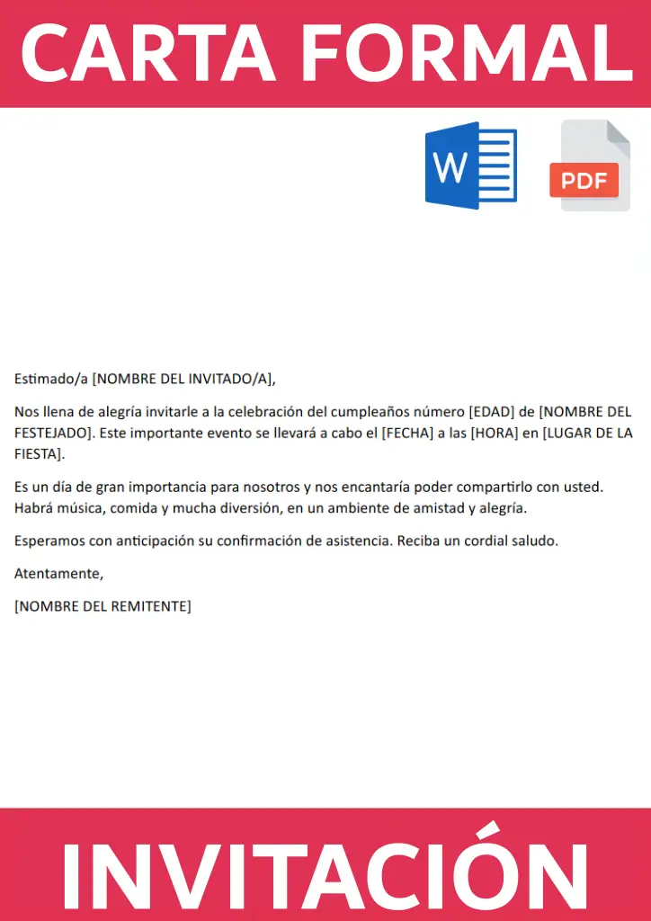 Imagen de un ejemplo de carta formal de invitación para descargar en nuestra web en formato Word o PDF
