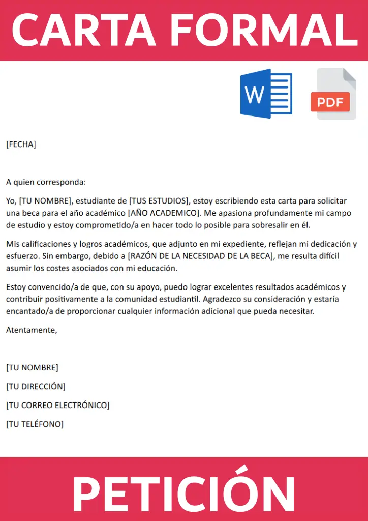 Imagen de un ejemplo de carta formal de petición que se puede descargar en esta web en Word y PDF
