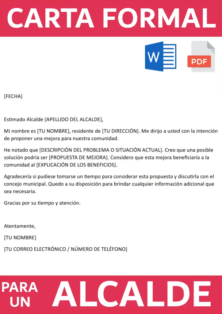Imagen con un ejemplo de carta formal para un alcalde para descargar gratis en formato PDF y Word
