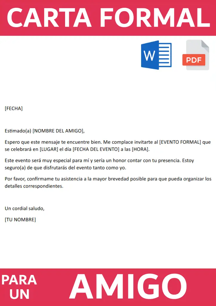 Imagen con un ejemplo de una carta formal para un amigo en formato Word y PDF para descargar en nuestra página web

