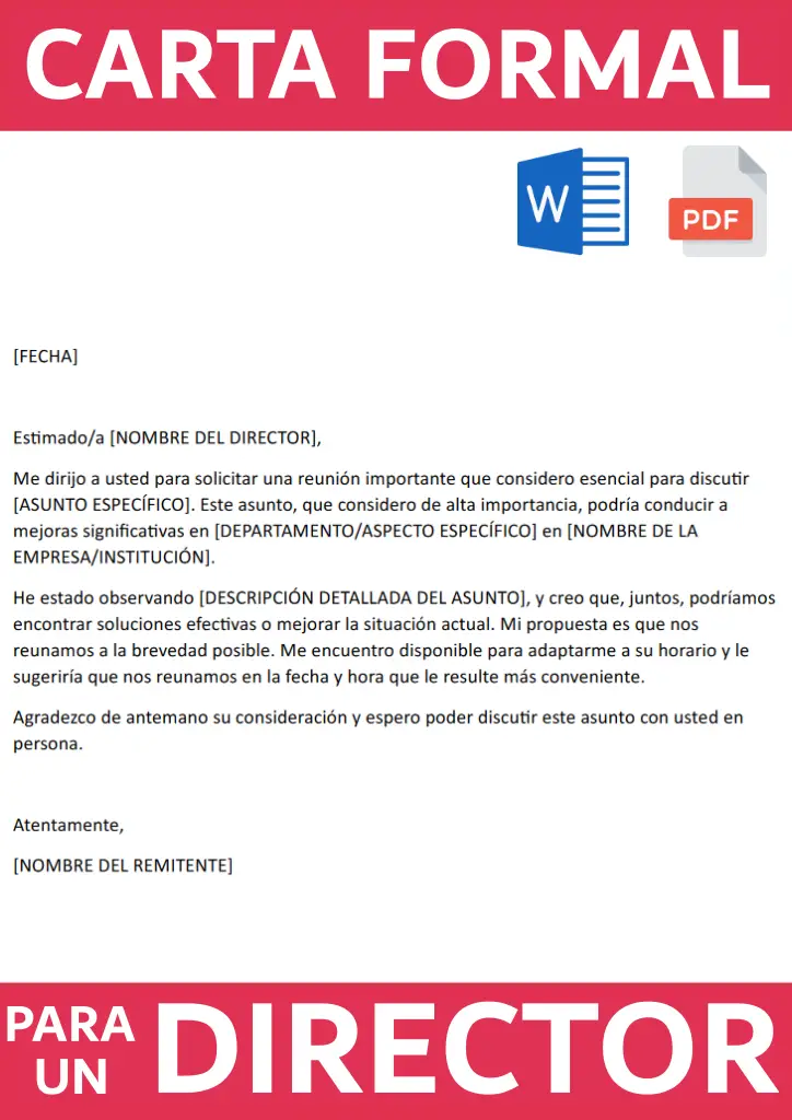 Imagen de un ejemplo de carta formal para un director para descargar en nuestra web en formato Word o PDF