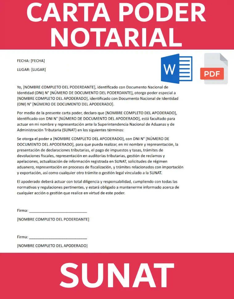 Imagen que tiene un ejemplo de carta poder notarial SUNAT en formato Word y PDF que se puede descargar desde nuestra web de cartas