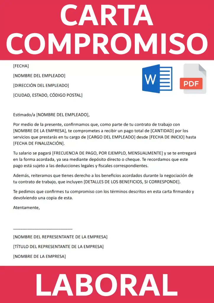Imagen de un ejemplo de una carta compromiso laboral que se puede descargar en Word o PDF
