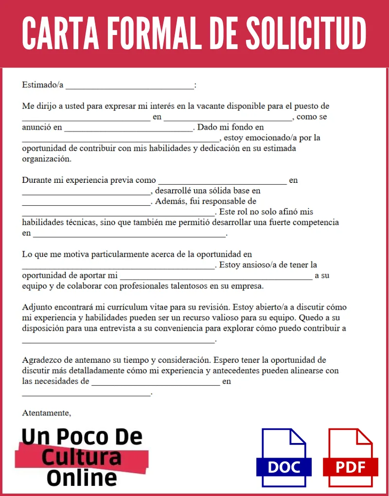 Carta Formal de Solicitud | Ejemplos y plantillas gratis para descargar y rellenar en Word y PDF 1 Imagen con un ejemplo de carta formal de solicitud para descargar gratis en formato PDF y Word