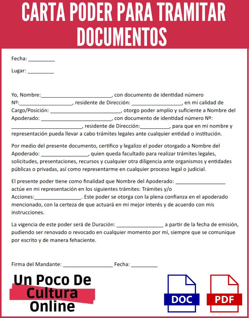 Carta Poder para Tramitar Documentos | Modelos con ejemplos para descargar en formato Word y PDF 1 Carta Poder para Tramitar Documentos