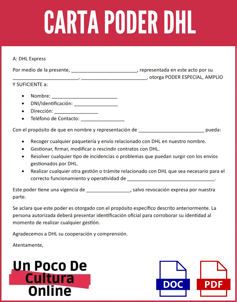 Imagen con un ejemplo de carta poder DHL para descargar en nuestra Web