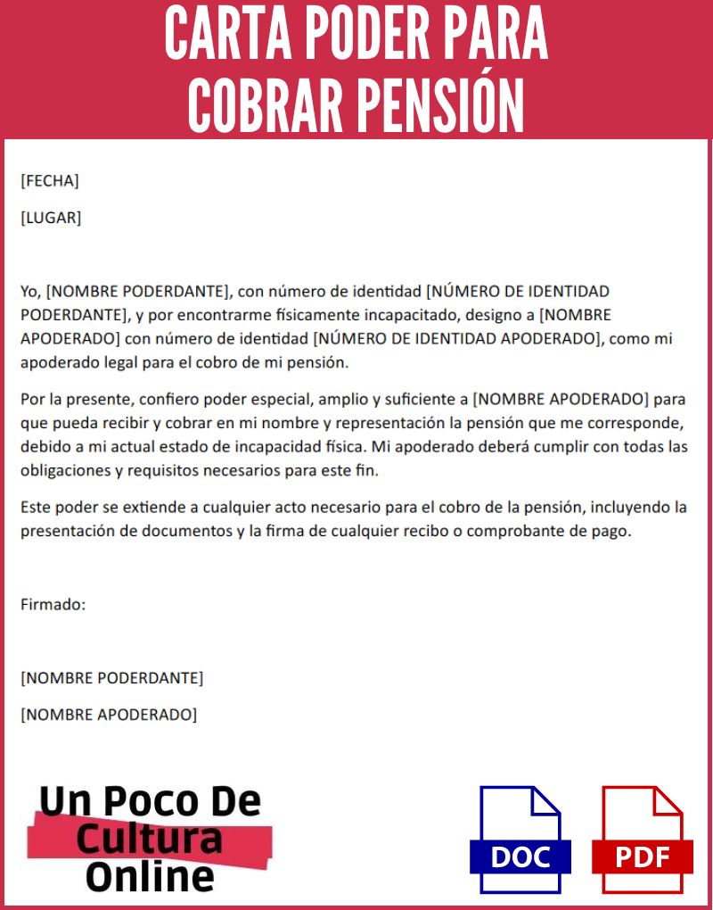 Imagen que muestra un ejemplo de carta poder para cobrar pensión que se puede descargar en Word y PDF sin costo alguno desde nuestro sitio web.