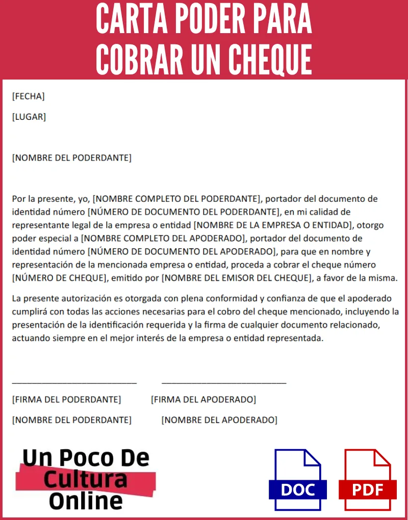Carta Poder para Cobrar un Cheque | Ejemplos y plantillas para descargar y editar en Word o PDF 1 Imagen ejemplificando una carta poder para encauzar un cheque que se puede descargar en Word y PDF de forma gratuita desde nuestro portal en línea.