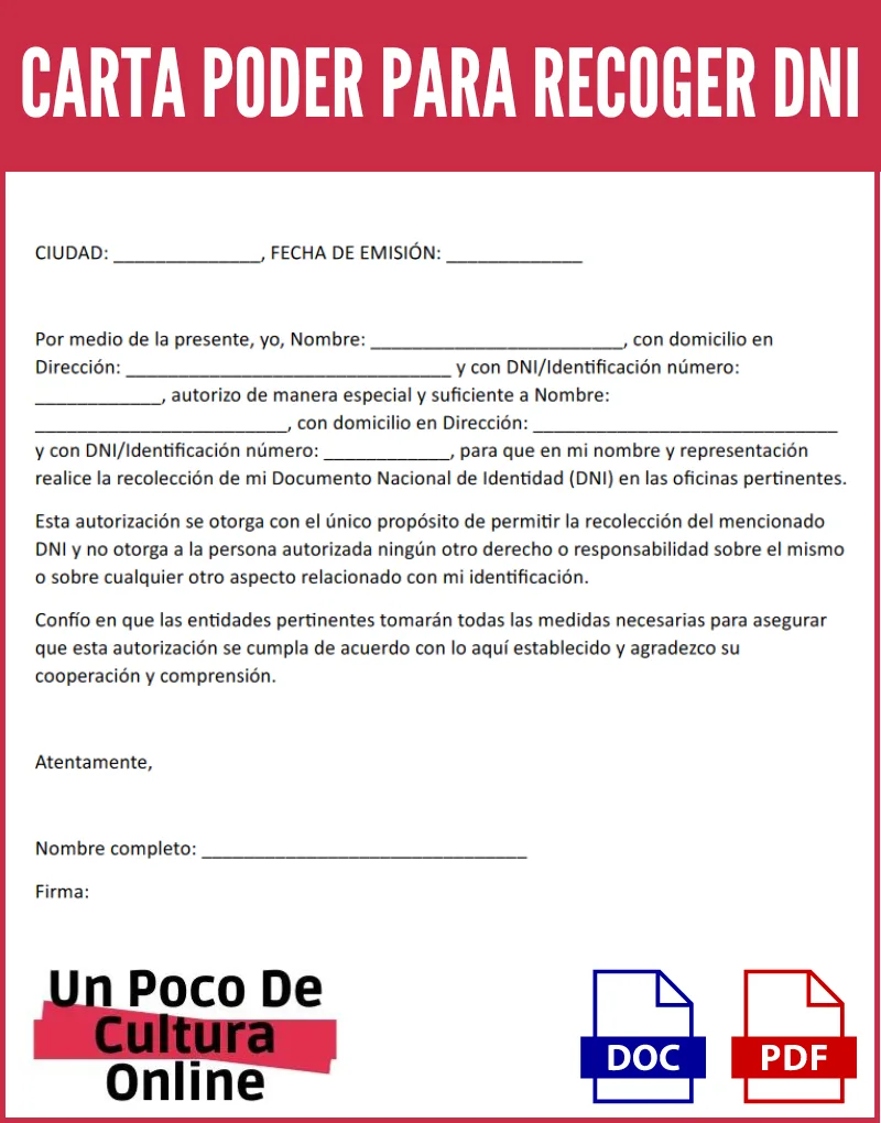 Imagen de un ejemplo de carta poder para recoger DNI para descargar en nuestra web
