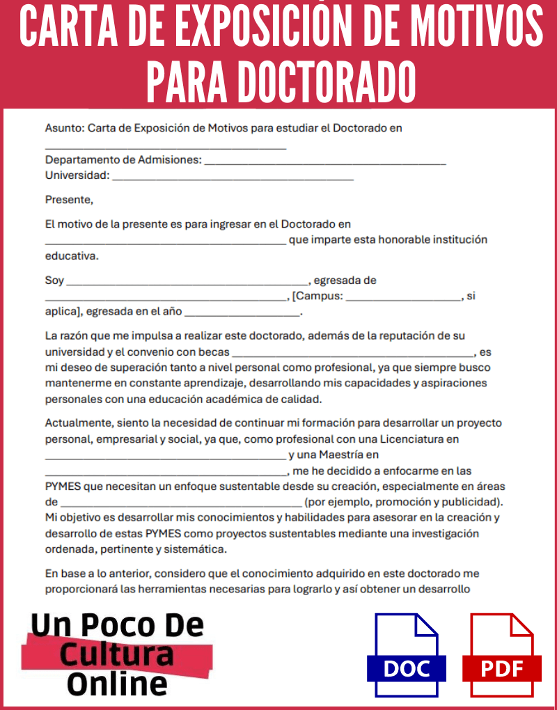 Carta de Exposición de Motivos para Doctorado | Modelos y ejemplos para descargar en Word y PDF 1 Ejemplo de carta de exposición de motivos para doctorado