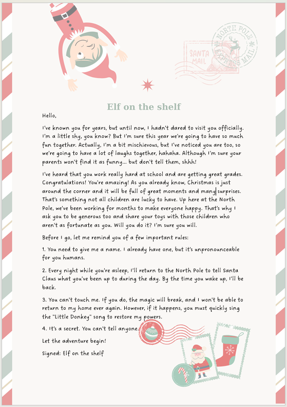 Ejemplo carta bienvenida elf on the shelf (en inglés)