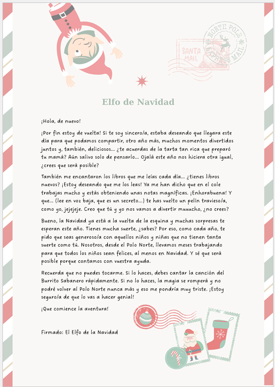 Ejemplo carta de bienvenida del elfo en español