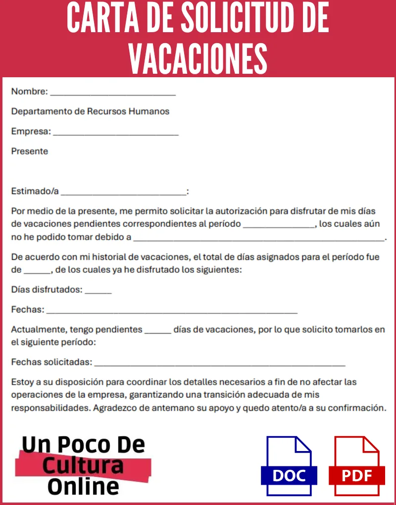 Carta de Solicitud de Vacaciones | Modelos, ejemplos y plantillas para descargar en formato Word y PDF ¡Gratis! 1 ejemplo de una carta de solicitud de vacaciones