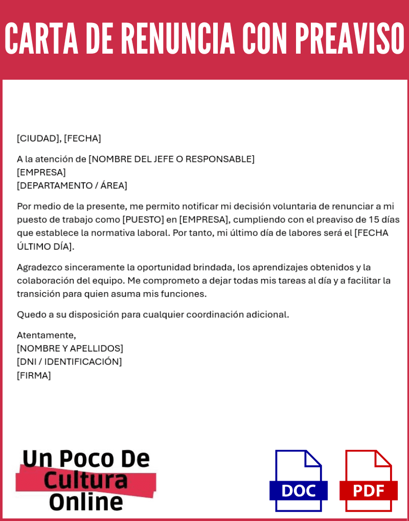 imagen de una carta de renuncia con preaviso